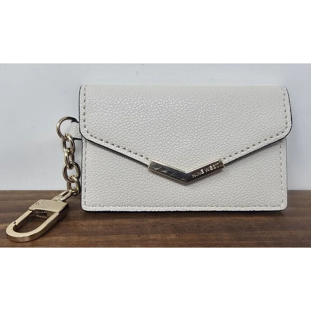 Nine West Off White Gold Accents Card Holder Keychain Faux Leather Snap Closure